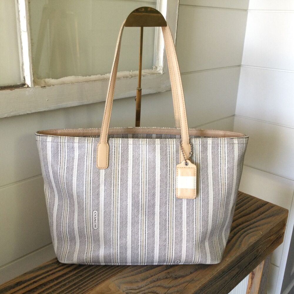 Coach Legacy Weekend Ticking Stripe PVC Large Tote Shoulder Bag